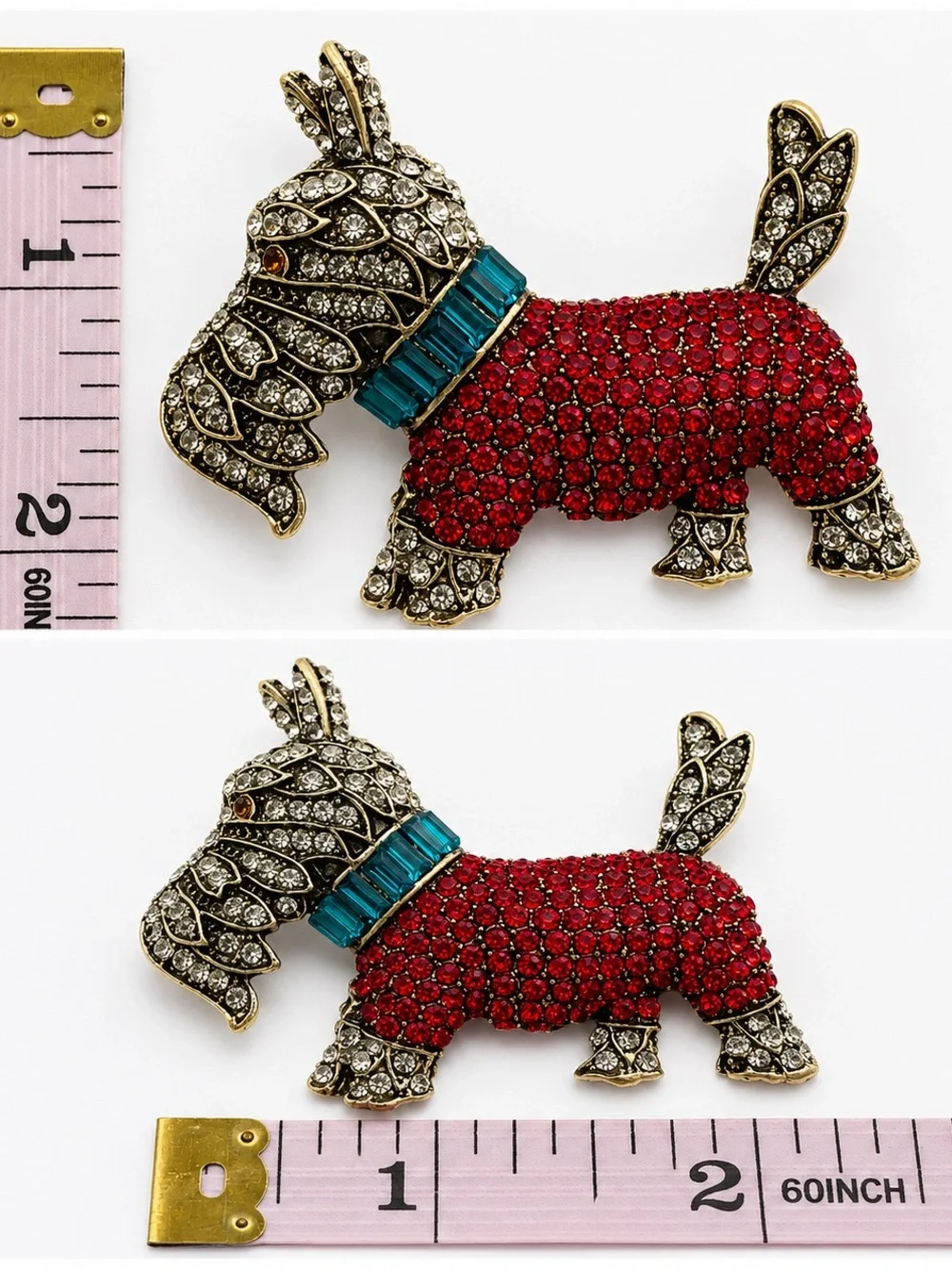 New Scottie Dog Rhinestone Brooch Pin Red Crystal Sweater Blue Collar Terrier
